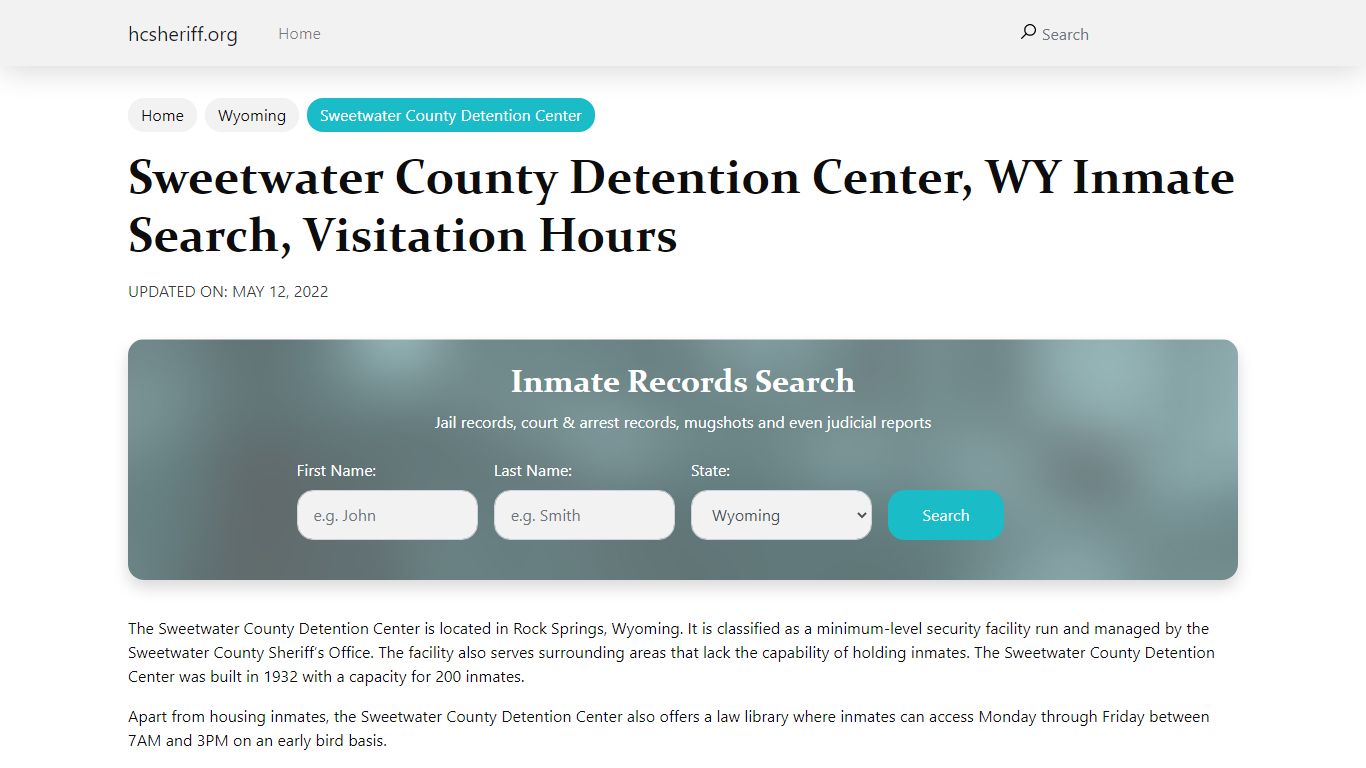 Sweetwater County Detention Center , WY Inmate Search, Visitation Hours